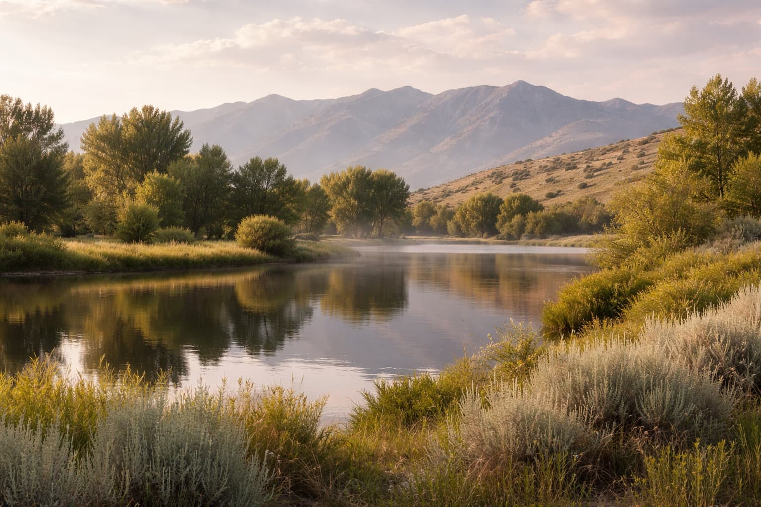 Peaceful Idaho landscape with mountains and river