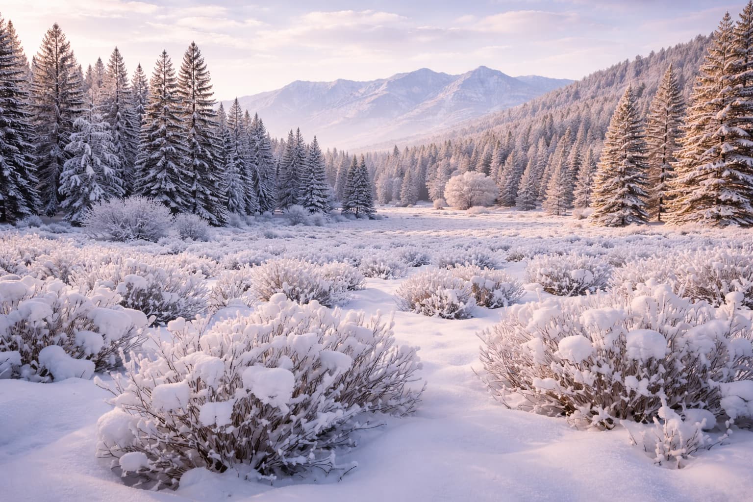 Snow-covered Idaho landscape with pine trees and mountains