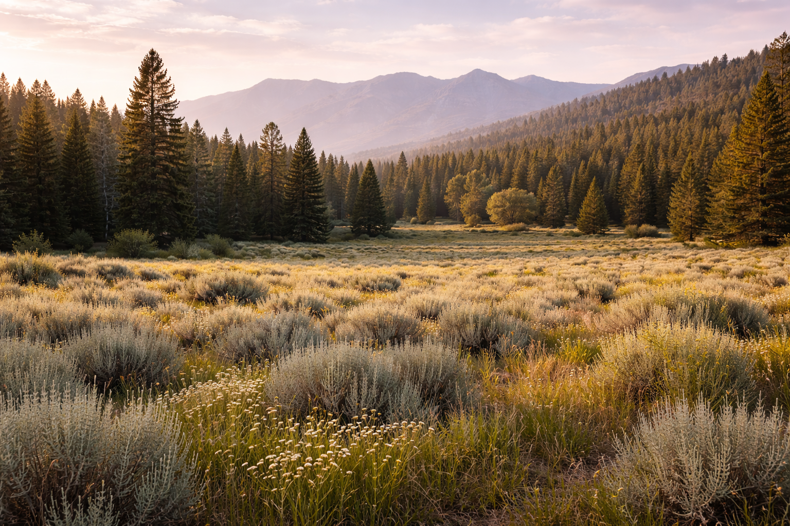 Idaho mountain meadow with sagebrush and pine trees